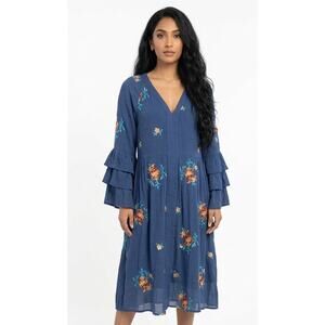 FIG AND FLOWER Women's Midi Floral Dress XL Polyester Rayon Embroidery Boho